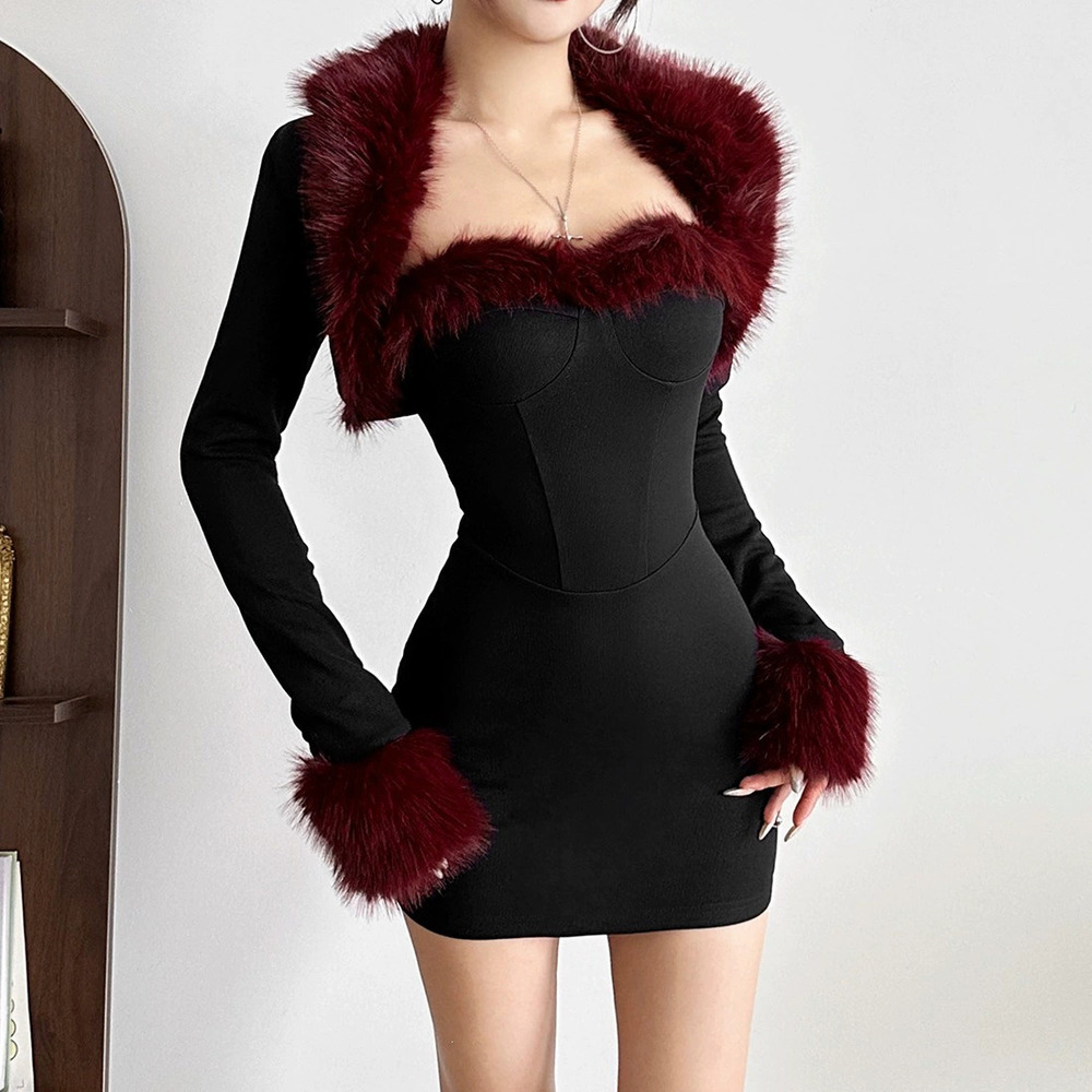 Zara Spring Summer Fluffy Patchwork Long Sleeve Bodycon Dress Set